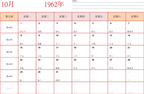 日历表1962年